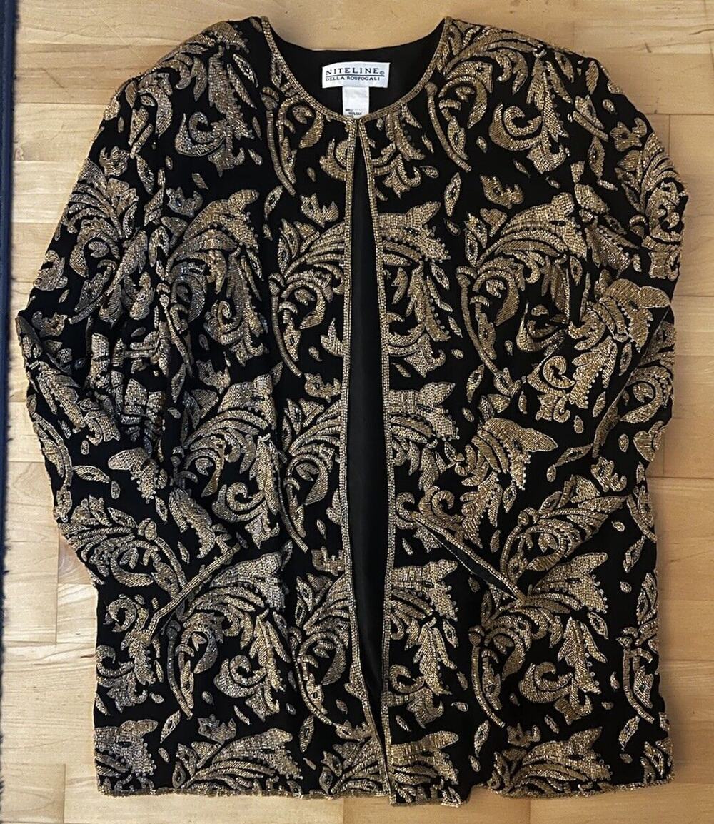 VTG Niteline Black Gold Black Paisley Tapestry Floral Sequin Silk Jacket 1X